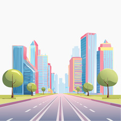 Long empty street leading into the heart of a modern cityscape