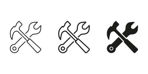 Crossed Hammer And Wrench Line And Solid Icon Set. Construction, Repair, And Maintenance Tools Outline And Silhouette Symbol Collection. Diy And Handyman Services. Isolated Vector Illustration