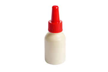 Small white bottle with red applicator tip isolated on transparent background. Glue bottle isolated on white background.