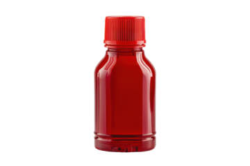 Small red glass bottle filled with red liquid isolated on transparent background. Glue bottle isolated on white background.