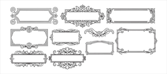 set of decorative vintage frames and borders. This includes retro ornamental rectangle frames perfect for weddings, along with ornate deco templates and antique border vector icons.