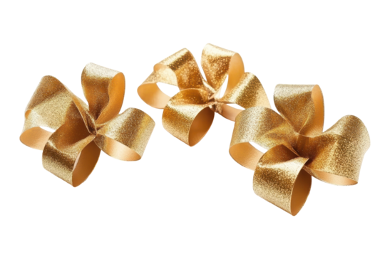 Golden gift bow isolated on transparent background. Gold bow and ribbon isolated on white background.