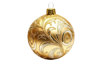 Shiny golden christmas ornament with intricate patterns isolated on transparent background. Gold christmas ball isolated on white background.
