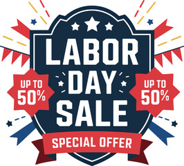 Labor Day Sale Poster Vector Design. Colorful Discount Offer Banner with Bold Typography, Stars, and Retro Elements for Promotional Design