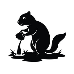 Silhouette of a beaver diligently constructing a dam on a clean white background