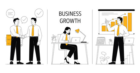 Minimal icon set illustrating business growth through team collaboration, focused work, and upward-trending presentation.