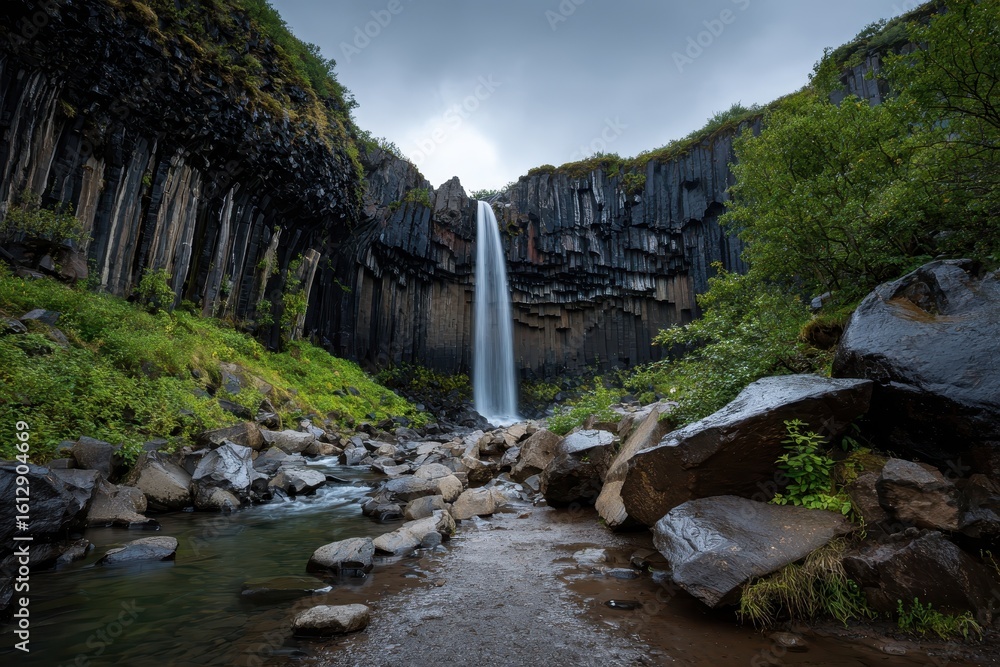 Poster exploring svartifoss waterfall in iceland with unique basalt columns and lush greenery under an over