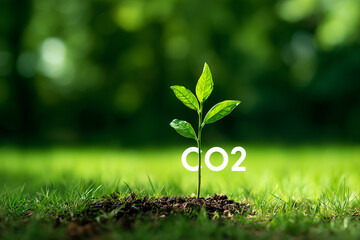 Green Shoots with Holographic CO2 Icons – Eco Energy, Environmental Protection & Sustainable Lifestyle Concept