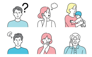 Minimal icon set portraying various human states: curiosity, thought, speech, silence, caregiving, and emotional reflection.