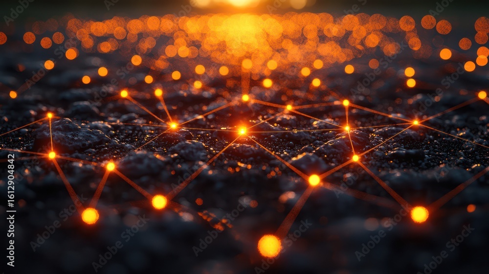 Poster abstract network on dark terrain at sunset. possible use digital art