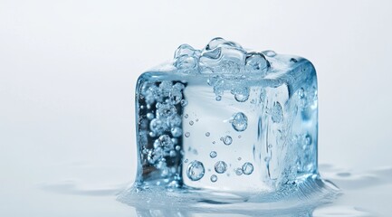 Obraz premium Close-up of a single ice cube with air bubbles