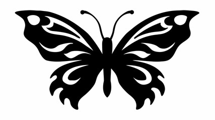 Illustration of a black butterfly with intricate wing patterns on a white background design element art silhouette