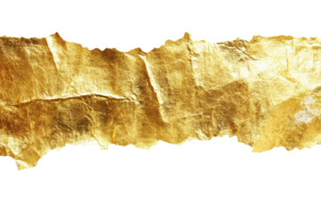 Textured gold paint stroke isolated on transparent background. Gold glitter texture with torn edge isolated on white background.