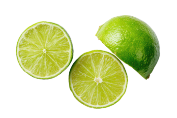 Three lime slices, vibrant green,  with a dark background.  Fresh and juicy citrus fruit halves.  Close-up view