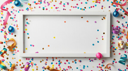 Fototapeta premium Festive white frame surrounded by colorful confetti ribbons and ornaments