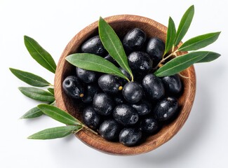 Fresh black olives in a wooden bowl