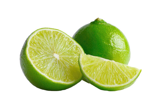 Close-up of two whole limes and slices, vibrant green, displaying juicy interior