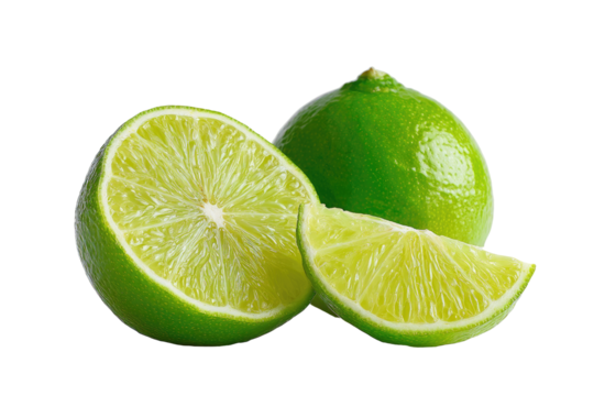 Close-up of two whole limes and slices, vibrant green, displaying juicy interior