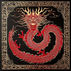 Beautiful symmetrical Chinese Zodiac Dragon red paper cut art with gold foil details placed on black background, traditional folk art, holiday celebration, Chinese New Year decoration theme.