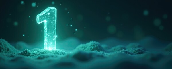 Glowing Teal Crystal Number One Surrounded by Mystical Material