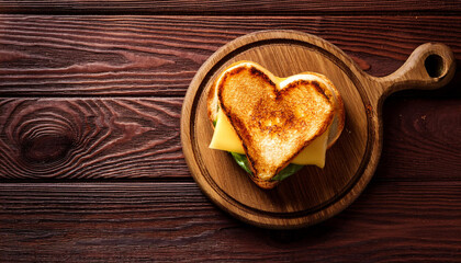 Heart-shaped grilled cheese sandwich on wooden cutting board. Top view of tasty romantic meal