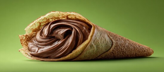 A crepe cone filled with swirling chocolate cream, against a green backdrop
