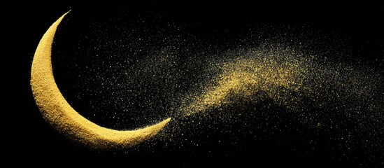 A crescent moon, crafted from textured gold, emits sparkling dust across a black backdrop