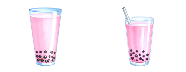 Pink bubble tea in two transparent cups. Isolated transparent background