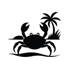 Minimalist silhouette of a crab crawling on a sandy shore against a clean white background