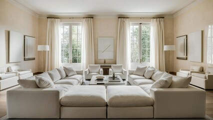 Fototapeta premium Elegant and spacious living room with plush sofas and natural light