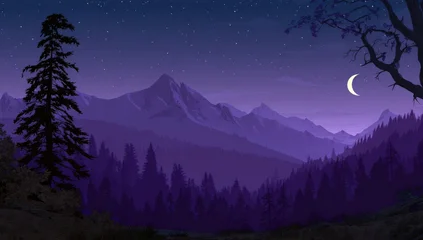 Gordijnen Serene violet-hued valley landscape at night. Coniferous trees frame a star-filled sky with a crescent moon above distant, jagged mountains under muted clouds © ahmad
