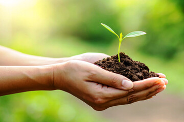 Close Up Hands Holding Young Green Seedling in Soil