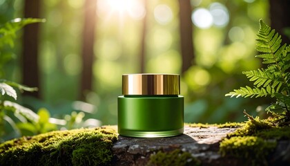 Natural Skincare Jar in Forest with Sunlight with Organic Skincare, and EcoFriendly Cosmetics.
