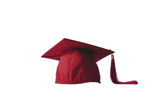 Red graduation cap with tassel isolated on transparent background. Graduation cap isolated on a white background.