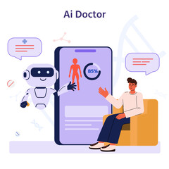 AI telemedicine assistant concept. AI robot diagnose and provide healthcare consultations to patients on smartphone. Flat vector Illustration.