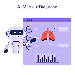 AI medical assistant concept. AI robot diagnose and provide healthcare consultations, manage patient data, monitor health, and predicting epidemics. Flat vector Illustration.
