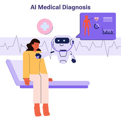 AI medical assistant concept. AI robot diagnose and provide healthcare consultations, manage patient data, monitor health, and predicting epidemics to beautiful woman patients.Flat vector Illustration