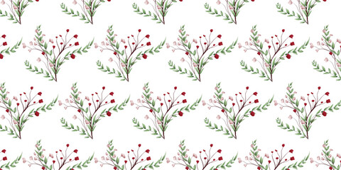 Watercolor Floral Seamless Pattern with Pink Leaves