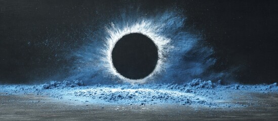 A dark circle emanates light. Blue dust spreads outward, suggesting an explosion on dark ground
