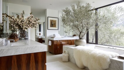 Luxurious bathroom with white marble countertops, dark wood cabinets, and a large window overlooking a leafy view. A potted tree adds a natural element to the space