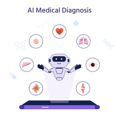 AI telemedicine assistant concept. AI robot and organ human diagnose and provide healthcare consultations, manage patient data, monitor health, and predicting epidemics. Flat vector Illustration.