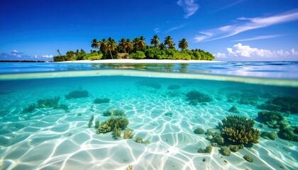 Paradise Island Split view of turquoise water and tropical beach under blue sky.