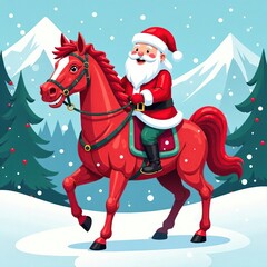 Merry Christmas and Happy New Year greeting poster cover. Santa claus on the red Horse. Santa with zodiac animal of 2026 Chinese New Year in winter forest. Xmas holiday card brochure theme