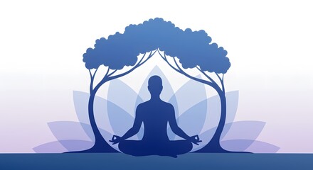 A silhouette of a person meditating in a yoga pose under two stylized trees with a lotus flower in the background