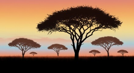 Obraz premium African savanna at sunset silhouette trees against a colorful sky