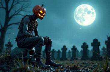 Halloween banner. Dead person with Jack-o-lantern head on the cementery. Horror Halloween background with empty space for text. Perfect trick or treat party placard with copy space. 