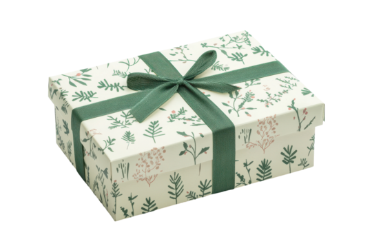 Festive gift box with green ribbon and botanical pattern isolated on transparent background. Green gift box isolated on white background.