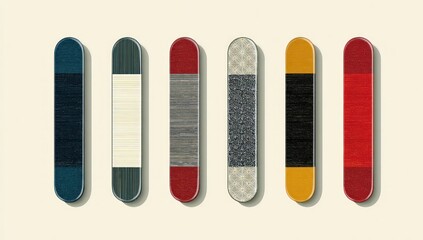 Six vertical bars display diverse textures and color blocks against a cream backdrop, featuring rounded ends and shadows