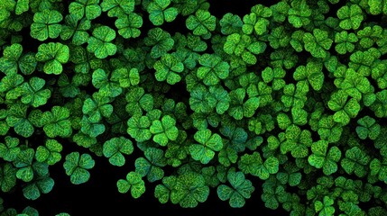 A dense field of green, four-leaf clovers against a black background
