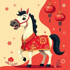 Chinese New Year greeting card. Cute horse in red cape on classic asian background with red lanterns. New Year greeting card with funny 2026 Zodiac Animal